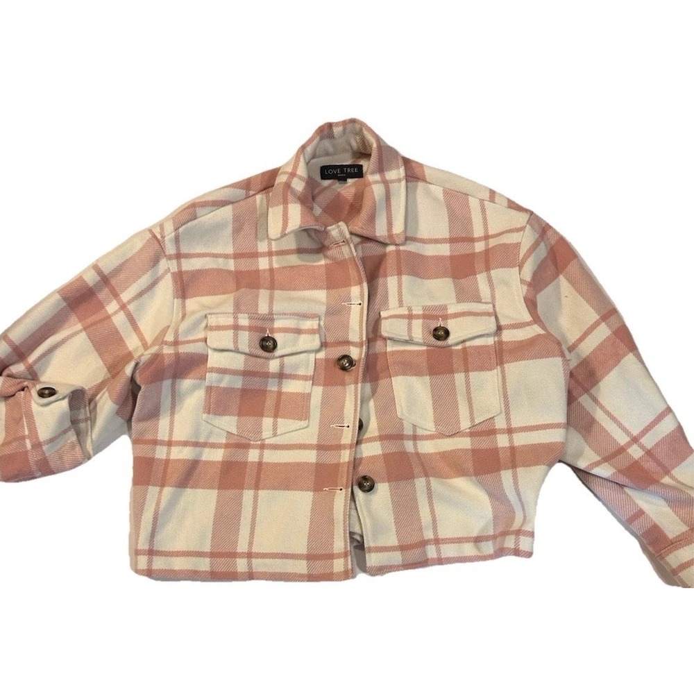 Cropped Plaid Shacket Pink & Ivory Flannel Fall Layering Oversized Boxy Small